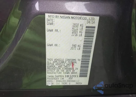2014 Nissan Altima 2.5 S z USA, uszkodzony, nr VIN 1N4AL3AP9EN381095